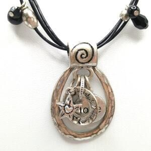 Chico's Charm Pendant Necklace, Black Bead, Four Faux Leather Cords, 20"